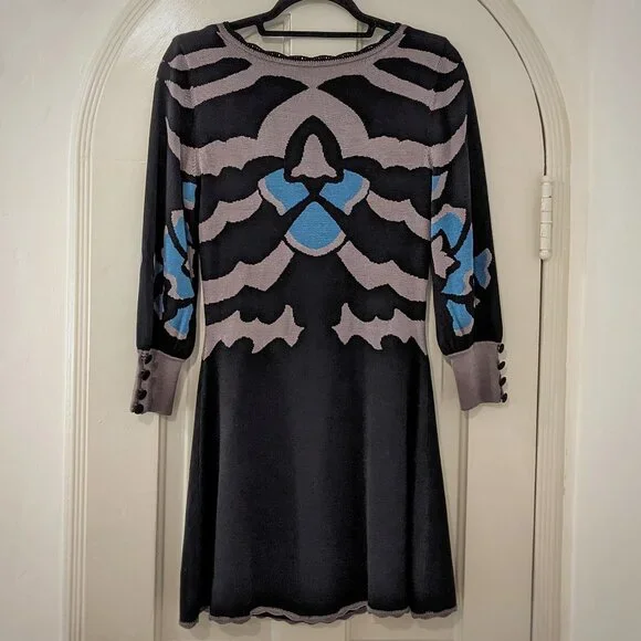 TEMPERLEY LONDON 100% Silk Black Turquoise Grey Abstract Print